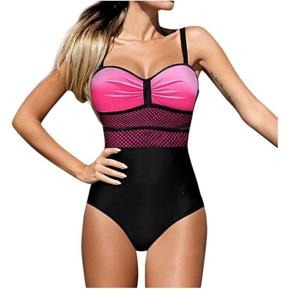 Women's Hot Pink & Black Mesh Detail 1-Piece Swimwear